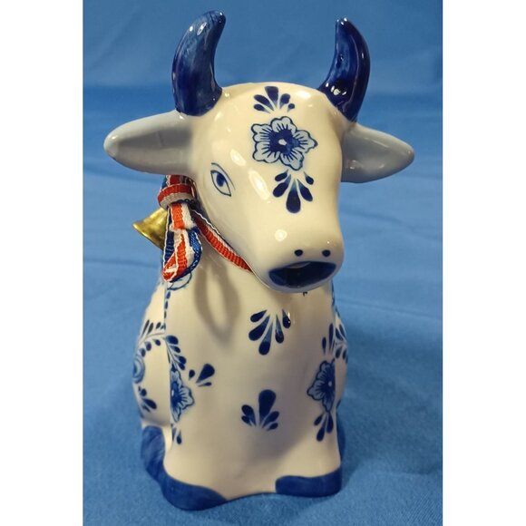 Vtg Hand-Painted Delft Blue Dutch Cow Creamer Pitcher W/ Windmill Floral Design - Picture 5 of 13
